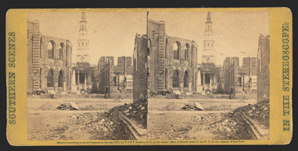 Charleston: Stereo Views Trio of stereoscopic Photographs of Charleston, SC, all printed by E & HT Anthony of NYC, one from a Brady negative, parts of a series, numbers 3075,
3077, and 3442, showing, respectively, ruins of the Catholic cathed
