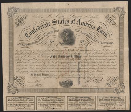 Act of February 20, 1863. $500. Cr. 121, B-234. Trans-Mississippi Bond. No. 27586. As previous, except for three line red overprint This Bond...to be issued and Issued at
Houston, Texas Depositary black stamp, on face of bond. by Ja