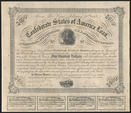 Act of February 20, 1863. $500. Cr. X-121, C221. No. 20066. As previous, but paper color is odd and some background details in vignette are indistinct. A likely counterfeit
signed by Jas. C. Balley. Coupons complete (10) below. Toned, wit