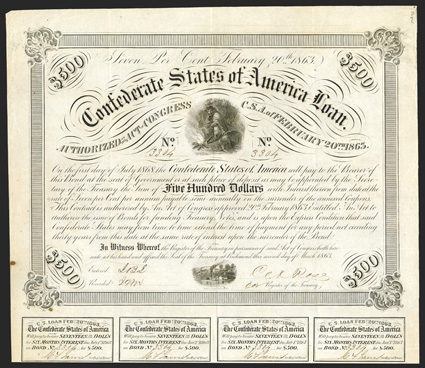 Act of February 20, 1863. $500. Cr. 121A, B-220. No. 3304.  On white paper, six coupons. Edge wear, foxing in margin, VF.
