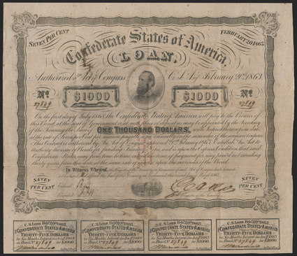 Act of February 20, 1863. $1000. Cr. 122, B-248249. Trans-Mississippi Bond. No. 27849. Lt. General Thomas R. Stonewall Jackson, center. Signed by Rose. Endorsed by Cross, but
without identifying whether depository was Little Rock (as B