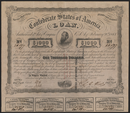 Act of February 20, 1863. $1000. Cr. 122, B-255. Trans-Mississippi Bond. No. 25079. As previous with three line red overprint. Also Issued at Houston, Texas  Depositary stamp
in black on face and endorsed by James Sorley. Signed by Rose.