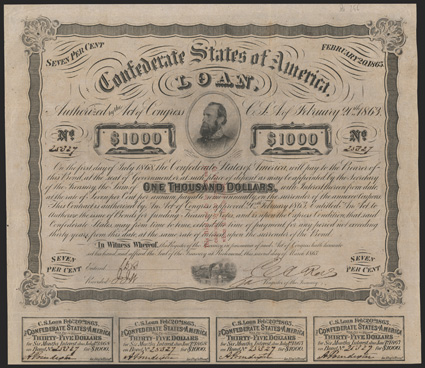 Act of February 20, 1863. $1000. Cr. 122, B-256. Trans-Mississippi Bond. No. 25327. As previous with three red line overprint. Not endorsed on reverse or face, should be
Kellogg. Signed by Rose. 7 coupons below. Light foxing, soiled, 