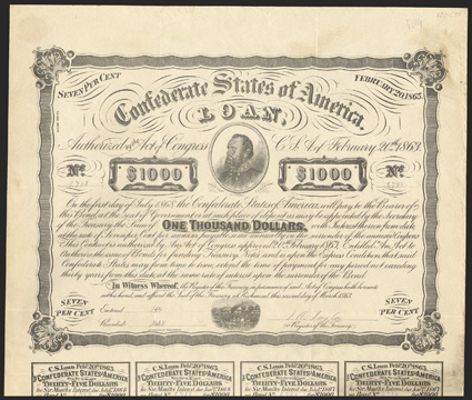 Act of February 20, 1863. $1000. Cr. X-122B, B-C240A. No. 2788. As previous. Bogus Taylor signature evident. 7 coupons present below. Stains at top, light fold and edge wear,
a good VF. From The Holger Dreher Collection