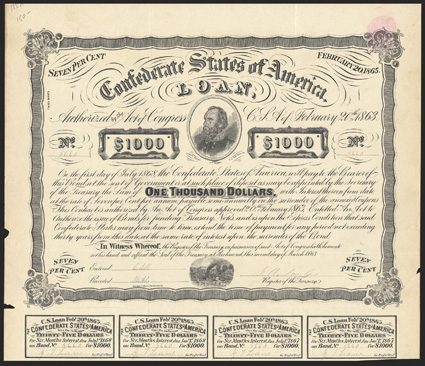 Act of February 20, 1863. $1000. Cr. X-122C, B-C240B. No. 5660. Third Series, white paper. Lt. Gen. TJ. Jackson, center steamboat, bottom. Printed on heavy whtie paper. No
THIRD SERIES genuine bond exists. The second and third series bonds