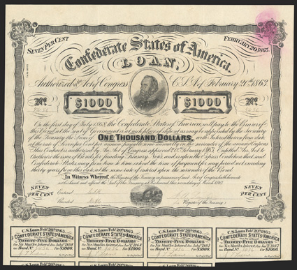 Act of February 20, 1863. $1000. Cr. X-122C, Ball-C240B. No. 5436. On white paper. A Third Series counterfeit. Signed by J.A. Taylor. Pink stain at upper left, fold, otherwise
very clean and VF.