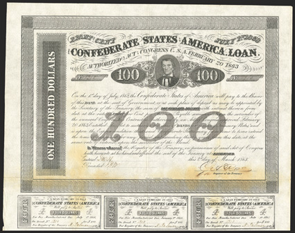 Act of February 20, 1863. $100. Cr. 123, B-165. No. 1310. On bluish banknote paper. Alexander H. Stephens, center. Signed by Rose. 7 coupons below. Evans & Cogswell. Unevenly
toned at bottom, folds, good paper but Fine. From The Holge