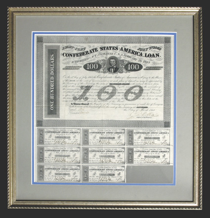 Act of February 20, 1863. $100. Cr. 123A, B-166. No. 25462. Stephens. Signed by Rose. 8 coupons remain. Folds, VF+. Matted under glass in a silvered wooden frame, overall size
ca 19 x 18.