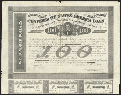 Act of February 20, 1863. $100. Cr. 123A, B-166. No. 722. As previous, except for forged Tyler signature as Register. Engravers name Harding not listed in Dr. Balls footnotes
and backward to boot! Large tear in lower margin into cou