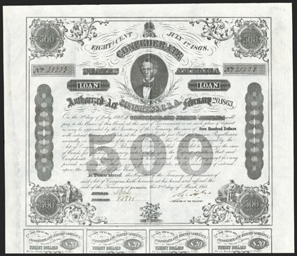 Act of February 20, 1863. $500. Cr. 124, B-192. No. 21229. C. G. Memminger, center. Cotton plant at bottom. Very ornate bond, distinguished with ornate counter medallions with
allegorical figures and scroll work. Signed by Tyler. Evans & Cogswe