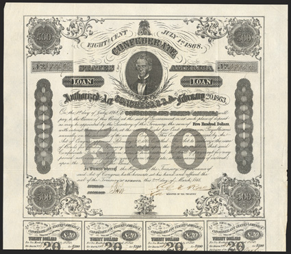 Act of February 20, 1863. $500. Cr. 124, B-192. No. 48069. As previous, although on slightly tan paper. Signed by Rose. Full coupons below. Engravers name Petz, not listed in
Dr. Balls footnotes. Fold and edge wear, toned, VF. F