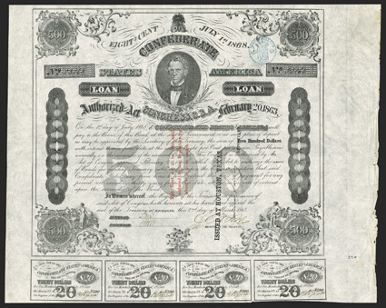 Act of February 20, 1863. $500. Cr. 124, B-199. Trans-Mississippi Bond. No. 53168. C.G. Memminger, top center. Signed by Rose. Three line red overprint This Bond...to be
issued. Also Issued at Houston, Texas, Depositary in black . E