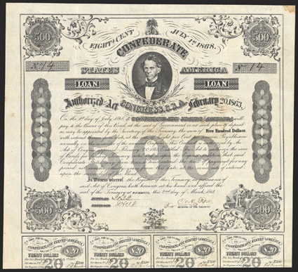 Act of February 20, 1863. $500. Cr. 124A, B-191. No. 14. C.G. Memminger, top. Cotton plant bottom. Loan in rectangular box. Signed by Rose. Complete coupons (11). Foxing,
especially at top right corner, toned, VF. From The Holger