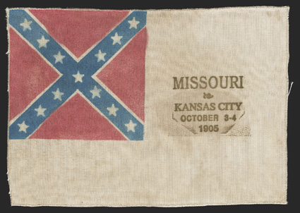 Confederate Veterans: 1905 Reunion Great pair of items from a meeting of United Confederate Veterans in Missouri. A ca 10 red, white, and blue Ribbon with gold-colored tassels
at bottom, for the 1905 UCV reception at Kansas City, October 3-