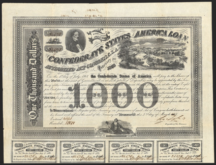 Act of February 20, 1863. $1000. Cr. 125, B-201. No. 34478. As previous. Signed by Tyler. 8 coupons below. Toned, show-through from ink writing on verso, small tear without
loss at bottom, but about VF. From The Holger Dreher Collecti