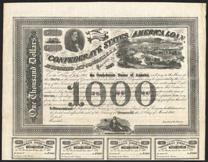 Act of February 20, 1863. $1000. Two bonds, Cr. 125, B-201. Unissued and unsigned. As previous. Complete coupons. Neither signed. Edge and fold wear and soiling, toned, about
VF. From The Holger Dreher Collection