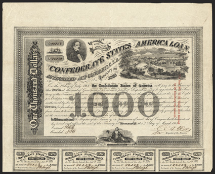 Act of February 20, 1863. $1000. Cr. 125, B-203. Trans-Mississippi Bond. No. 42053. CSA President Jefferson Davis, upper left view of Richmond from the West, upper right.
Liberty seated with sorrowful expression, bottom. Signed by Rose. Tw