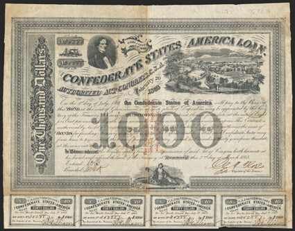 Act of February 20, 1863. $1000. Cr. 125, B-207. Trans-Mississippi Bond. No. 45288. As previous, except three line red overprint, endorsed by H.G.J. Battle, at Shreveport, La.
on reverse. Signed by Rose. 7 coupons below. With Dutch tax stam