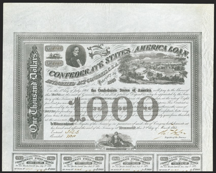 Act of February 20, 1863. $1000. Cr. 125A, B-210. No. 4046. As previous, except printed on a blue paper watermarked C. Ansell 1863. Interestingly, Dr. Balls book skipped 209.
Signed by Tyler. Wear at right edge, lower left corner out, ir