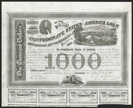 Act of February 20, 1863. $1000. Cr. 125B, B-200. No. 698. As previous, except for Wojciechowski imprint at lower right near the outer border. Signed by Rose. 7 coupons below.
Dutch stamp on verso. Folds, minor edge wear, show-through fro