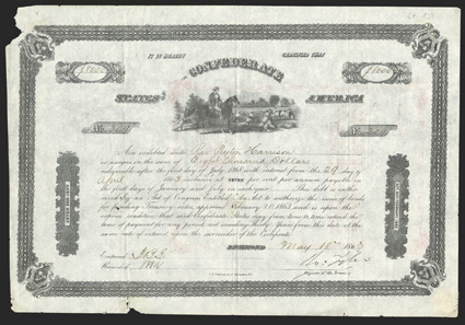 Act of February 20, 1863. $8000. Cr. 127, B-258. No. 309. Overseer on horseback with slaves in wheat field. Signed by Tyler. Edge wear and soiling, pieces out upper left and
bottom, fold wear, about Fine. From The Holger Dreher Collec