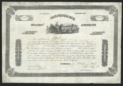 Act of February 20, 1863. $1000. Cr. 127, B-258. No. 3261. As previous. Signed by Tyler. Overall soiling, fold and edge wear, Fine. From The Holger Dreher
Collection