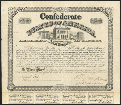 Act of March 23, 1863. $1000. Cr. 130, B-264. No. 3553. Vignette of the old Custom House in Richmond, Va. Signed by Rose. 7 coupons below. Geo. Dunn & Co., Richmond, Va. at
bottom center. Small piece out upper left repaired with paper, foxe