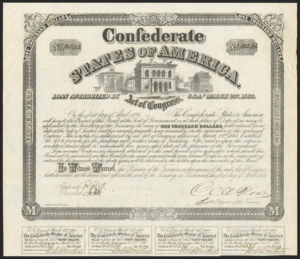 Act of March 23, 1863. $1000. Cr. 130A, B-265. No. 10434. As preceding. Signed by Rose. 4 coupons below. Folds, edge wear, toned, about VF+. From The Holger Dreher
Collection