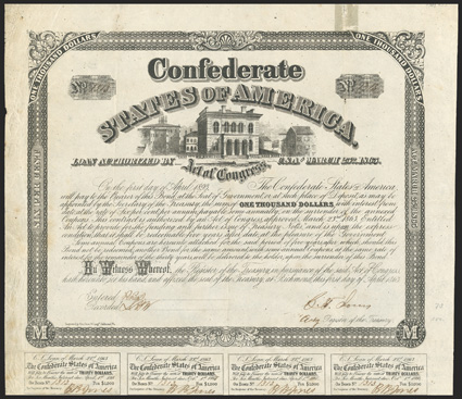 Act of March 23, 1863. $1000. Cr. 130B, B-263. No. 1313. As previous, except Engraved by Geo. Dunn & Compy, Richmond, Va., lower left corner. Signed by Jones. 7 coupons below.
Coupon for 1867 has a handwritten 7. Edge and fold wear in