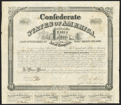 Act of March 23, 1863. $1000. Cr. 130B, B-263. No. 221. As previous, and with engravers name. Signed by Rose. 7 coupons below. Coupon for 1867 has handwritten 7. Well foxed,
fold and edge wear, Fine. From The Holger Dreher Collec