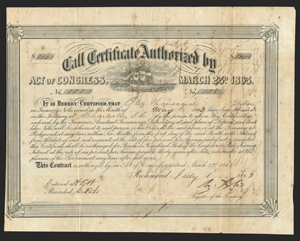 Act of March 23, 1863. $1000. Cr. 135, B-275. No. 158. Full rigged sailing ship, center. Signed by Tyler. Show-through from transfer on verso, toned and foxed, left edge
trimmed to border, folds, about VF. From The Holger Dreher Colle