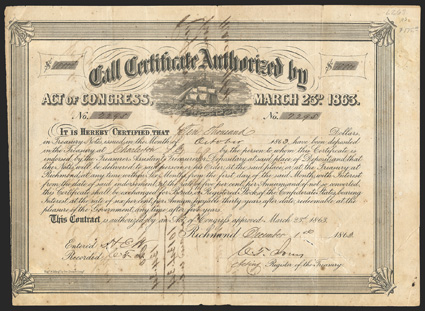 Act of March 23, 1863. $10,000. Cr. 135, B-275. No. 2295. As previous. Signed by Jones. Cut canceled. Transfer show-through from verso, foxed, small hole right margin, left
edge trimmed into border, Fine. From The Holger Dreher Collec