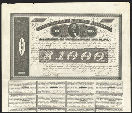 Act of April 30, 1863. $1000. Cr. 138, B-280. No. 4568. As previous. Signed by Tyler. 19 coupons below. Imprint Mulroy. Fold wear including minor edge splits, light edge wear,
about VF. From The Holger Dreher Collection