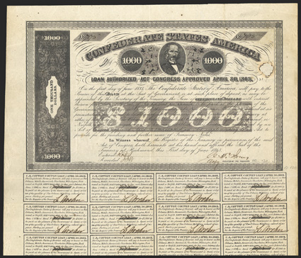Act of April 30, 1863. $1000. Cr. 138, B-280. No. 7175. As previous. Signed by Jones. Small 2 inside frame border. 19 coupons below. Large ink erosion hole repaired with paper
at right, matched with unrepaired hole in coupon, fold wear, abo