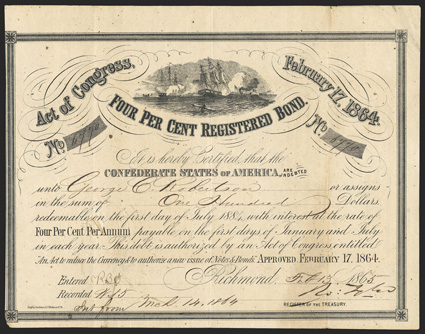 Act of February 17, 1864. $100. Cr. 141, B-286. No. 6770. CSS Virginia sinking USS Cumberland, March 8, 1862. Signed by Tyler. Geo. Dunn. Uneven toning, foxed, small piece out
at lower left, trimmed to border left, a good Fine.