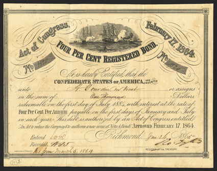 Act of February 17, 1864. $1000 Cr. 141B, B-290. No. 1320.  Depiction of the Virginia sinking the USS Cumberland. Signed by Tyler. Interest Paid to January 1865 stamp on
verso. Pinhole in vignette, well toned, about VF.