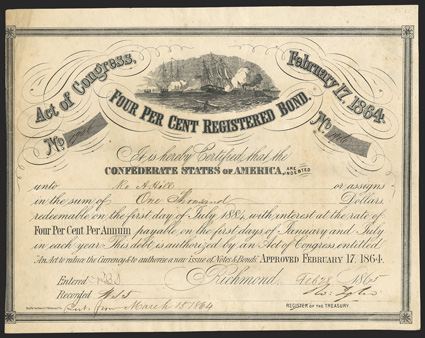 Act of February 17, 1864. $1000. Cr. 141B, B-290. No. 1906. As previous. Signed by Tyler. Foxed, left edge trimmed into border, soiling, about VF. From The Holger Dreher
Collection