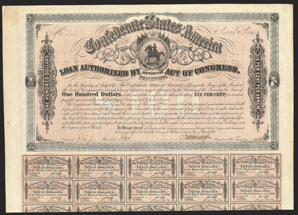 Act of February 17, 1864. $100. Cr. 142A, B-303. No. 321. Second Series. As previous. Signed by Apperson. 58 coupons below. Edge wear, folds, a good VF. From The Holger Dreher
Collection
