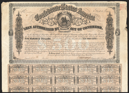 Act of February 17, 1864. $500. Cr. 143, B-304. No. 7037. First Series. As previous, except printed on thin paper. Signed by Apperson. 59 coupons below out of full compliment
of 61. Folds, notable edge wear especially at right, where there is