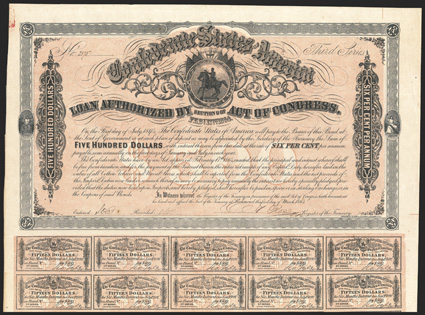 Act of February 17, 1864. $500. Cr. 143B, B-312. No. 2375. Third Series. As previous. Signed by Rose. Imprint 63 and 67 right and left at the bottom. 59 coupons below. Edge
wear, folds, top of grade VF. From The Holger Dreher