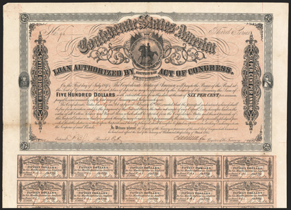Act of February 17, 1864. $500. Cr. 143B, B-312. No. 96. Third Series. As previous. Signed by Apperson, although Ball only lists Rose. Imprint 67 at bottom left. 58 coupons
below. Fold and edge wear, soiling, VF. From The Holger D