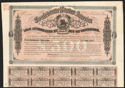 Act of February 17, 1864. $500. Cr. 143C, B-313. No. 7924. Fourth Series. As previous. Forged Apperson signature. Complete coupons (60). Edge wear, folds, a choice VF. From
The Holger Dreher Collection