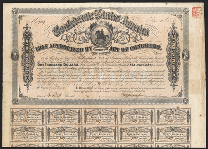 Act of February 17, 1864. $1000. Cr. 144, B-319. Trans-Mississippi Bond. No. 7509. First Series. As previous, except for denomination and hand issued by M.J. Hall at Marshall,
Texas on reverse. Signed by Apperson. 58 coupons below. Foxed,
