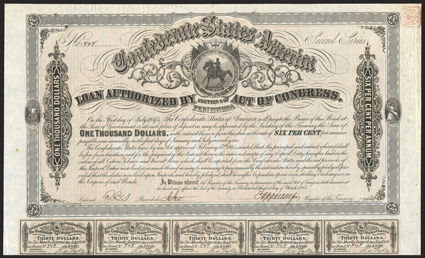 Act of February 17, 1864. $1000. Cr. 144A, B-324. No. 848. Second Series. As previous. Signed by Apperson. 60 coupons below. Edge wear, some minor stains, VF. From The Holger
Dreher Collection