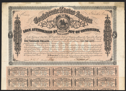 Act of February 17, 1864. $1000. Cr. 144C, B-328. Trans-Mississippi Bond. No. 2459. Fourth Series. As previous. Signed by Apperson. Discolorations in top border, light edge
wear, VF. From The Holger Dreher Collection