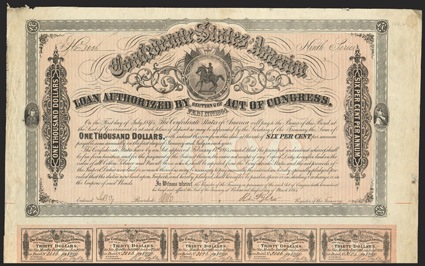 Act of February 17, 1864. $1000. Cr. 144H, B-333. No. 3336. Ninth Series. As previous, except Tyler signature is forged. Imprint 52 at bottom. 59 coupons below. Stain at upper
right, edge wear and soiling, VF. From The Holger
