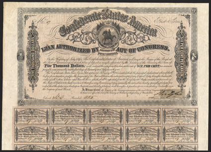 Act of February 17, 1864. $5000. Cr. 145, B-337. No. 59. First Series. As previous. Signed by Tyler. 59 coupons below. Imprint 28 at bottom. Ink erosion in signature
reinforced on verso with tape, edge wear, about VF. From The Hol