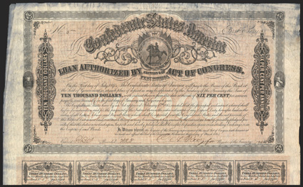 Act of February 17, 1864. $10,000. Cr. 146, B-339. No. 5. First Series. Equestrian statue of George Washington, Confederate flags and motto Deo Vindice. Signed by Rose. 58
coupons. Fold wear, heavy staining at edges and to coupons from ex
