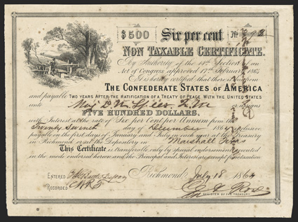 Act of February 17, 1864. $500. Cr. 153, B-365. Trans-Mississippi Bond. No. 292. As previous, issued in Marshall, Texas. Endorsed by H.G.J. Battle. Signed by Rose. Short
transfer form on verso. Edge wear, foxed, VF. From The Holge