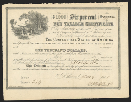 Act of February 17, 1864. $1000. Cr. 154, B-366. No. 27902. As previous, except for denomination. Mobile depository. Signed by Apperson. Not fully issued. Long transfer form
on back. Irregular top edge, otherwise VF+. From The Holger